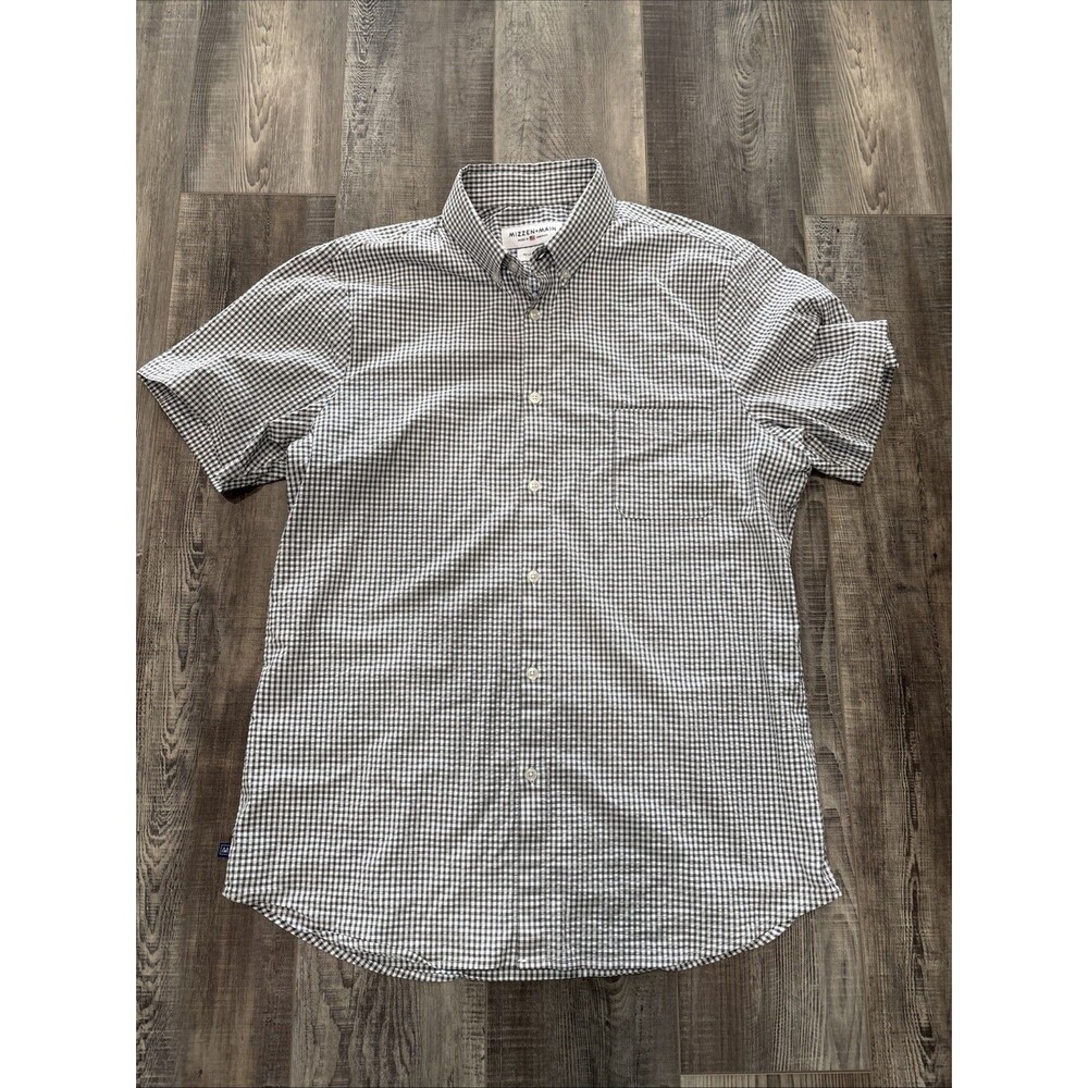 Mizzen Main Shirt XXL Trim Fit Gray White Plaid Stretch Classic Business Casual